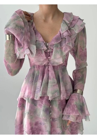Defymoda Elose Fırfırlı Elbise Desenli