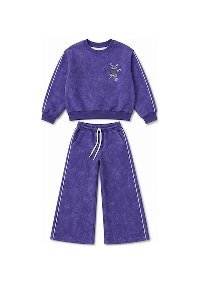 Rony Pony Kids Kız Çocuk Mor Yıkama Efektli Çiçek Nakışlı Omuz Biyeli Sweatshirt Ve Palazzo Eşofman Takımı