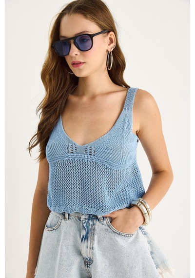 Shade Kadın Ajurlu Askılı Crop Triko Bluz 20251031 - Bebe Mavisi