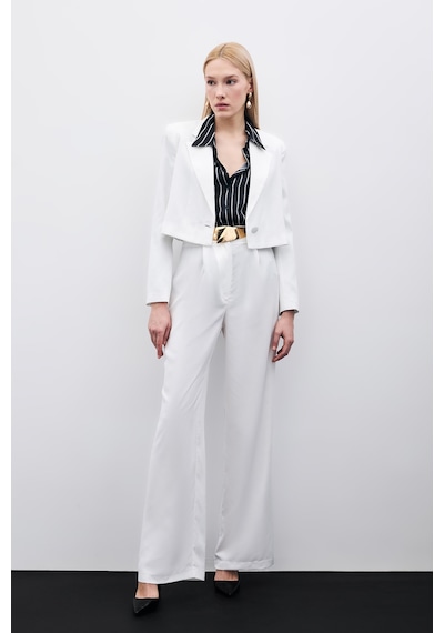 Sateen Pileli Krep Pantolon - Ekru-133390 Ekru