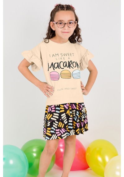 Hçm Kız Çocuk Tshirt Etek Takım Makaron Baskılı B23 Bej