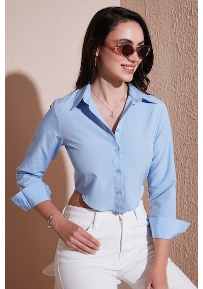 Lela Pamuk Karışımlı Slim Fit Uzun Kollu Crop Bayan Gömlek 6777336 Bebe Mavi