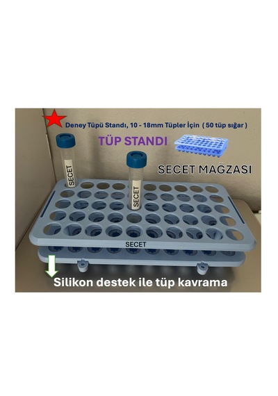 Deney Tüpü Standı, 10 - 18mm Tüpler İçin 50 Tüp Sığar Plasti