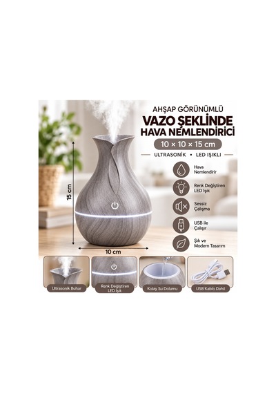 Ahşap Görünümlü Ultrasonik Hava Nemlendirici Aroma Difüzör Led Işıklı Usb Vazo Beyaz