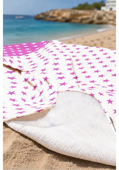 Yıldız Desenli Fuşya Beyaz Plaj Havlusu - Modern Havuz Deniz Hızlı Kuruyan Mikrofiber Havlu Bulut Ada