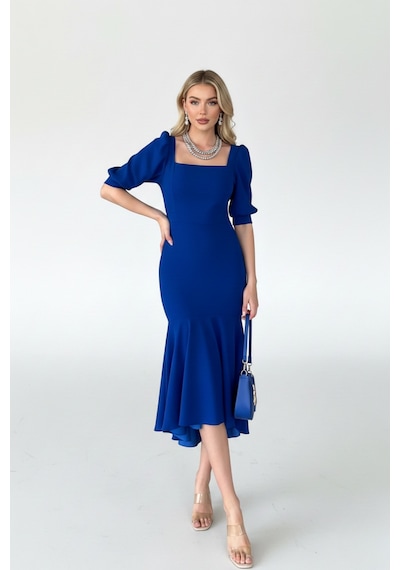 Defymoda Kadın Balık Model Cazibeli Elbise Mavi