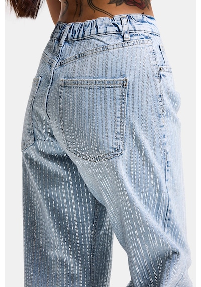 it's basic Kadın Kot Rengi T-4s6-3 Loose Fit Ön Arka Parlak Taşlı Tasarım Denim Jean