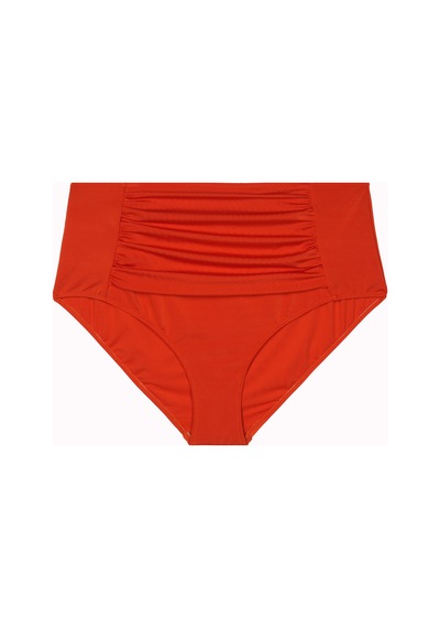 Büyük Beden Drape Detaylı Toparlayıcı Yüksek Bel Kadın Bikini Alt Mercan