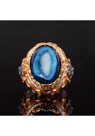 Doğal Druzy Kuvars İle Gümüş Doğum Taşı Yüzüğü - Gümüş Erkek Büyük Yüzük Gümüş