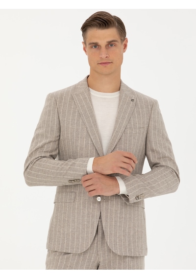 Cacharel Bej Slim Fit Yün Kaşmir Karışımlı Çizgili Klasik Ceket