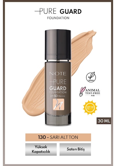 Note Pure Guard Foundation 130 Classic Beige Spf 50 Yoğun Kapatıcı Saten Bitişli Fondöten
