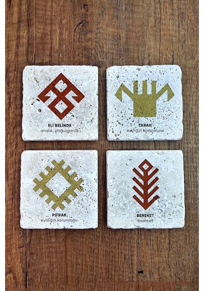 Doğal Taş Bardak Altlığı 4'lü Set 10x10x1 Cm Anadolu Motifleri Stone Coasters Çok Renkli