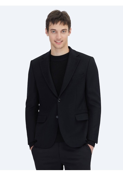 Siyah Düz Modern Fit Yün Karışımlı Ceket Siyah
