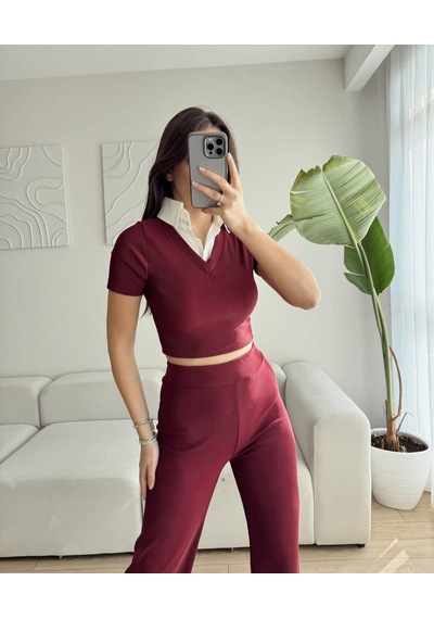 Elaxi Ottoman Kumaş Gömlek Garnili Crop-pantolon İkili Takım Bordo Elaxi Ottoman Kumaş Gömlek Garnili Crop-pantolon İkili Takım Bordo
