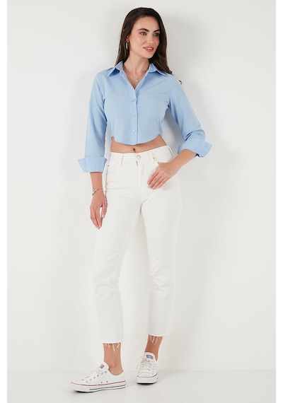 Lela Pamuk Karışımlı Slim Fit Uzun Kollu Crop Bayan Gömlek 6777336 Bebe Mavi