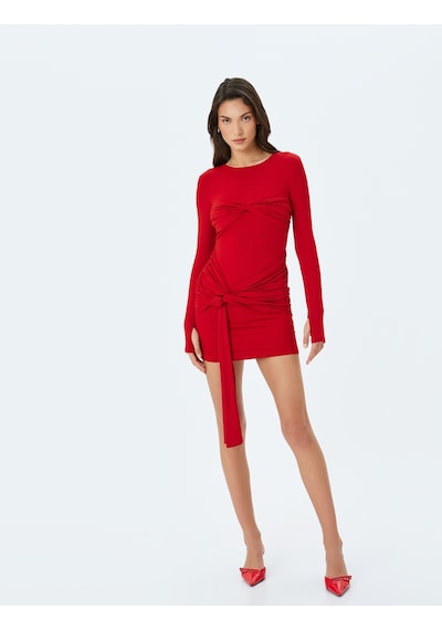 Koton Büzgü Detaylı Uzun Kollu Bodycon Mini Elbise Kırmızı 5wak80130fk Kırmızı