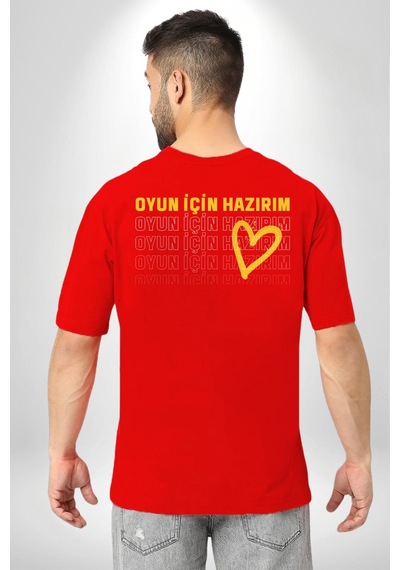 Oyun İçin Hazırım Kalp Kırmızı Oversize Unisex Ön Ve Sırt Baskılı Tişört Kırmızı