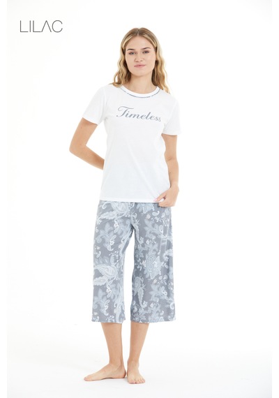 Lılac Kadın Çiçek Desenli %100 Viscon Capri Pijama Takımı AÇIK GRİ