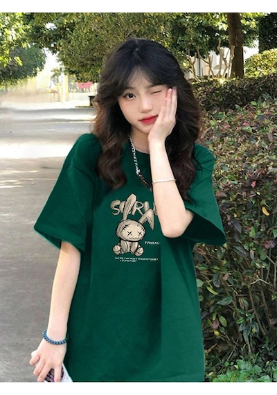 Noıssey Karikatür Ve Grafik Tasarım Oversize T-shirt Cartoon/letter Serisi Kod195 Yeşil
