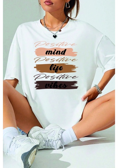 Unisex Mind Life Vibes Baskılı Oversize Tshirt Beyaz