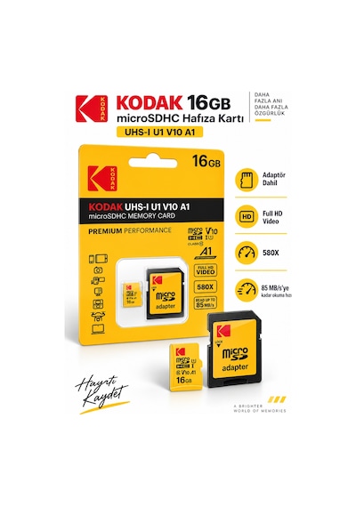 16gb Microsdhc Hafıza Kartı Uhs-ı U1 V10 A1 Class 10 85 Mb/s Full Hd Destekli Sd Adaptörlü