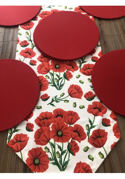Kırmızı Gelincik Desenli Runner & Supla Çok Renkli