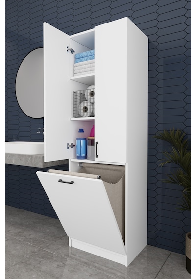Modern Çamaşır Sepetli Çok Amaçlı Banyo Dolabı %100 Mdf Banyo Düzenleyici Dolap Bd06 Beyaz