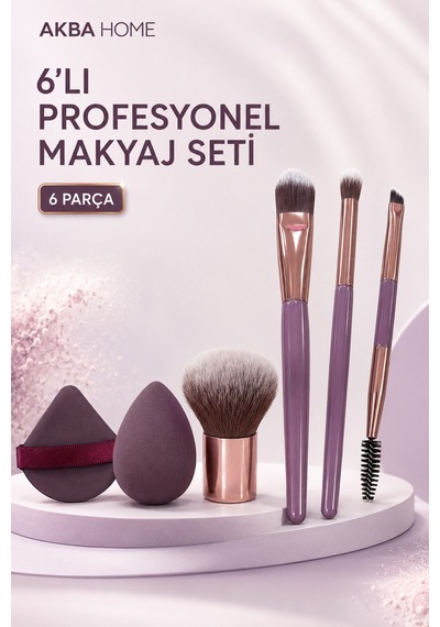 6 Lı Profesyonel Makyaj Fırça Seti Kabuki Fondöten Far Kaş Fırçası Sünger Ve Pudra Pufu