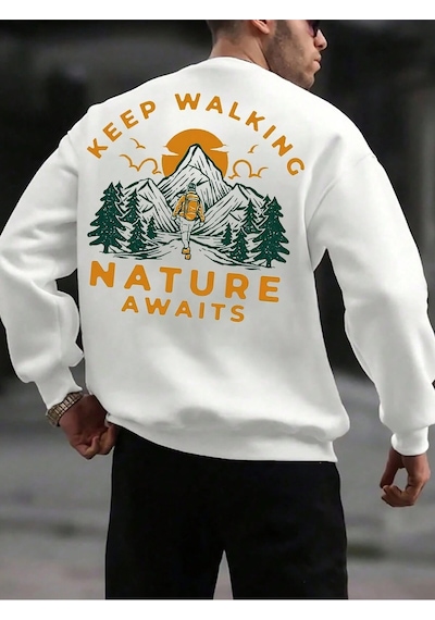 Startmore Adrift Mountain & Slogan Graphic Drop Shoulder Sweatshirt Beyaz Beyaz