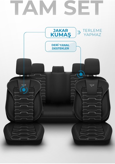 Siyah - Gri Panda Sport Serisi Jakar Kumaş Oto Koltuk Kılıfı - Tam Set