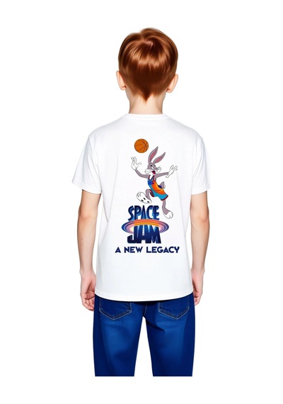 Paybuy Çocuk Basketbol Temalı Baskılı Tişört Rahat Kesim Kısa Kol Yuvarl beyaz