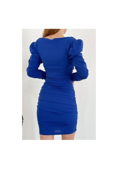 DefyModa Kadın El Emeği Krep Kumaş Dik Yaka Drapeli Abiye Elbise Saks