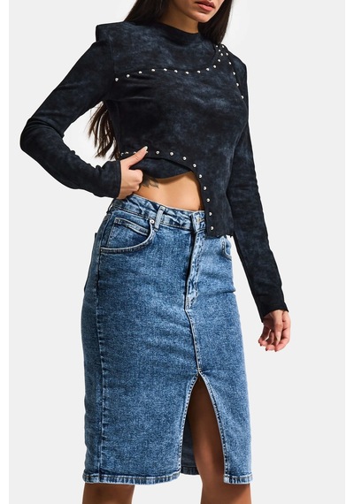 Itsbasic Kadın Snow Kot Rengi Erica Midi Boy Yüksek Bel Yırtmaçlı Jean Etek