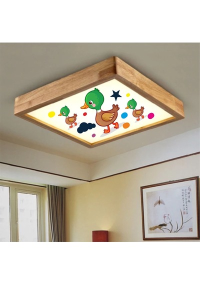 Ahşap Çerçeve Tavan Led Aydınlatma Avize 60X60Cm Kids Ördek Beyaz