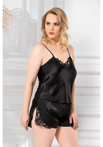Veraura Lifestyle Kadın Şık Tasarım Yumuşak Dokulu Büyük Beden Dantel İşlemeli Siyah Saten Babydoll Şort Takımı