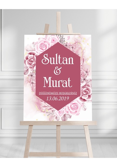 Söz Nişan Düğün İçin 50x70 Karşılama Panosu - Pembe Gül Desenli Beyaz