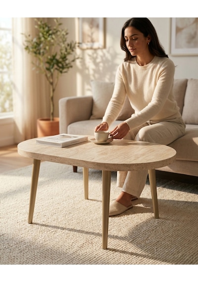 Traverten Desenli Orta Sehpa 100x60 Cm Cappuccino Ahşap Ayaklı Modern Salon Sehpası