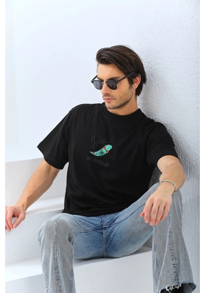 Erkek Kısa Kol Baskılı Bisiklet Yaka T-shirt - Siyah Siyah