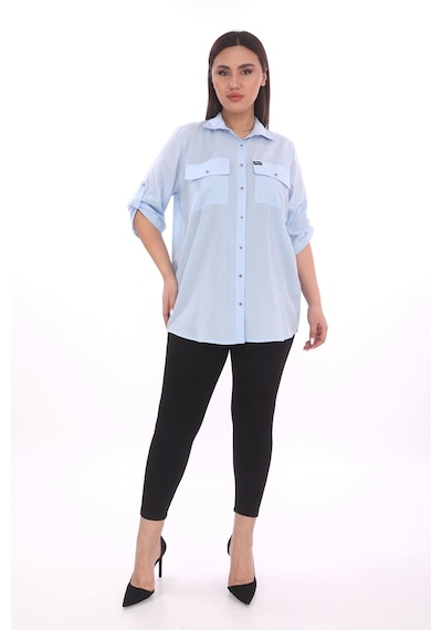 Lady Majestic %100 Cotton Büyük Beden Natural Gömlek - Mavi