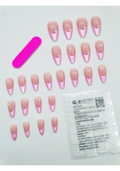 Pembe French Simli Badem Takma Tırnak Seti 24 Adet