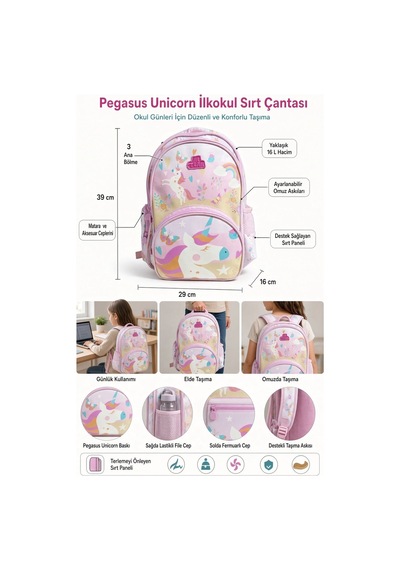 Kız Çocuk İlkokul Sırt Çantası Pegasus Unicorn Baskılı 3 Bölmeli 16l Matara Cepli 39x29x16cm Çok Renkli