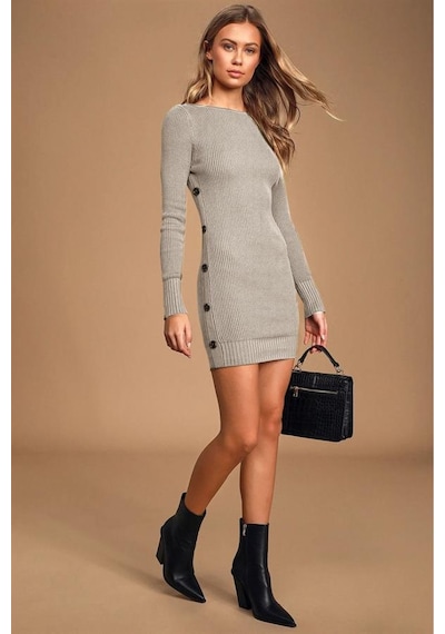 Aqe Fashion Kadın Geniş Yaka Uzun Kol Yandan Düğme Detaylı Vizon Triko Elbise Vizon