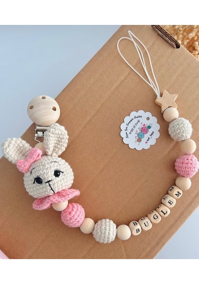 Emzik Zinciri Amigurumi Emzik Tutucu Beyaz - Pembe