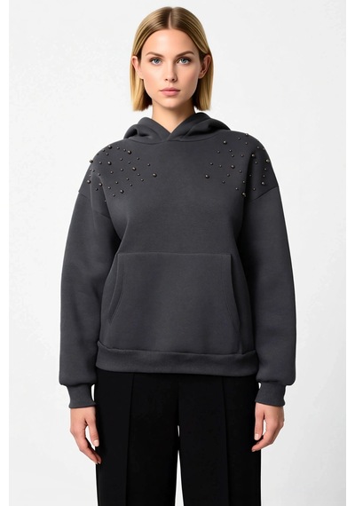 Benerly Kadın Kapüşonlu Düşük Kol Uzun Kollu Relaxed Kalıp Sweatshirt Fon Antrasit