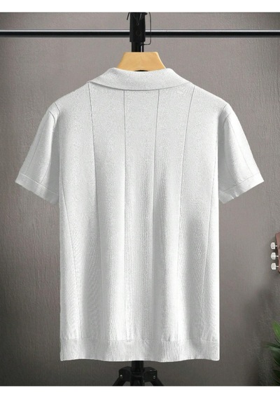 Erkek Çizgili Kısa Kollu Triko T-shirt Beyaz