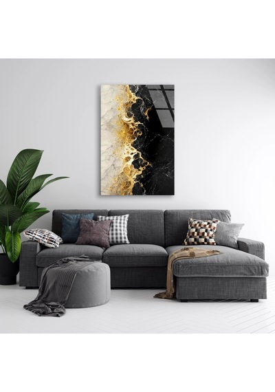 Siyah Altın Mermer Cam Tablo Yatay 90x140 Cm Deg1430
