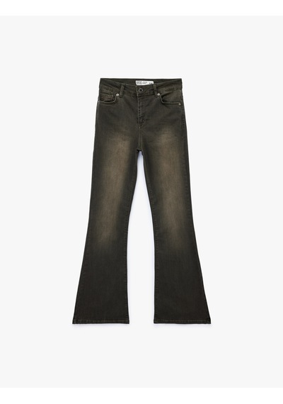 Koton Dar Kesim Düğmeli Cepli İspanyol Paça Denim Pantolon - Flare Jeans Haki 6sal40095mw Haki