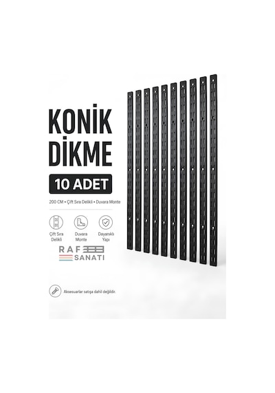 10 Adet - Konik Dikme 200 Cm Siyah Çift Sıra Delikli Modüler Mağaza Raf Profili Direği