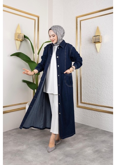 Harman Butik Kadın Düğmeli Cepli Kar Yıkamalı Denim Kot Kap Lacivert Lacivert