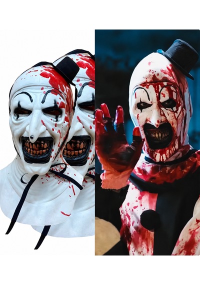 Cadılar Bayramı Korkunç Palyaço Maskesi Kanlı Katil Palyaço Kostüm Maskesi, Siyah Şapkalı Halloween Parti Aksesuarı 18+